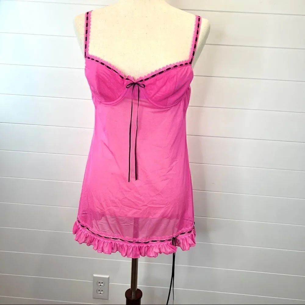 Victoria’s Secret Hot Pink Sheer Chemise 36B Black Ribbon Trim